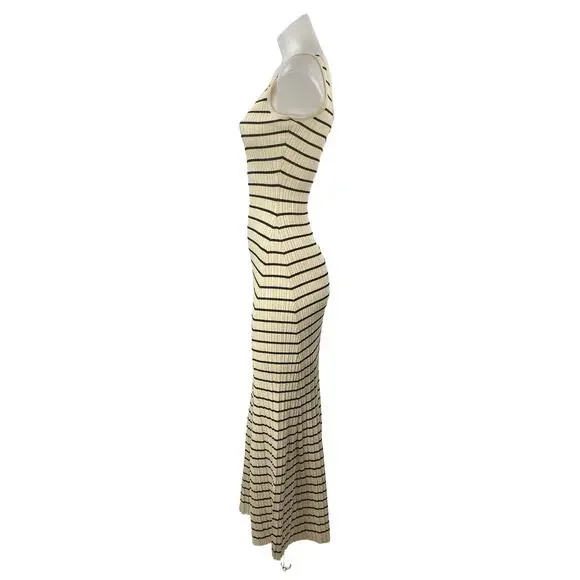 Miou Muse Women's Cream Black Stripe Ribbed Sleeveless Maxi Tank Dress Size S - Picture 2 of 6